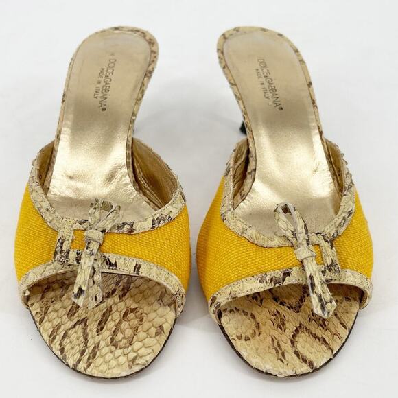 Dolce & Gabbana Retro Snakeskin Yellow Canvas Peep Toe Kitten Heel Mule IT 36 - Picture 5 of 11